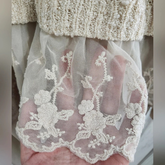 Cream open knit sweater tunic embroidered lace antique balletcore Fairy Med - Picture 5 of 8